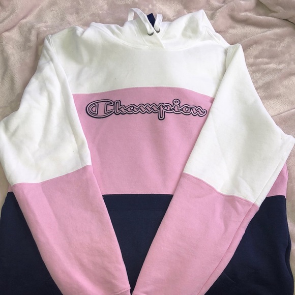 blue white and pink champion hoodie